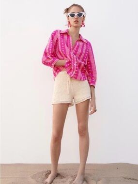 Zara Fuschia Embroidered Button-Up Shirt